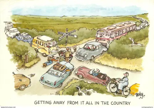 A6095 Getting away from it all in the country caricature postcard Besley
