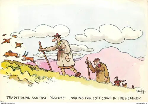 A6095 Traditional Scottish Pastime looking for lost coins in the heather caricature postcard Besley