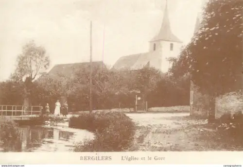 A6096 Village of Bergilers, specifically showcasing the church and the Geer River repro postcard