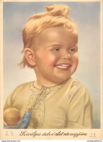 A6096 Vintage postcard featuring a stylized illustration of a blonde girl holding a doll