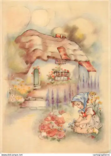 A6096 A young child in a bonnet kneeling to gather blue flowers