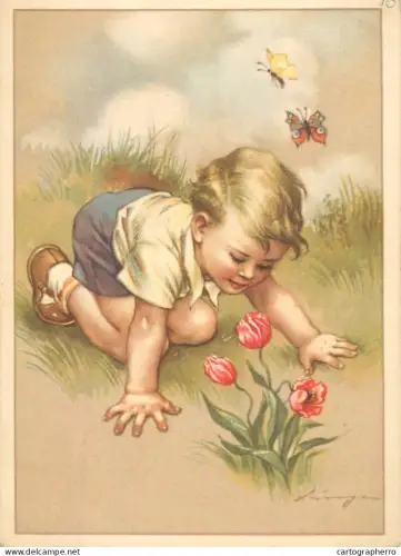 A6096 German publisher E.A. Schwerdtfeger & Co., features a young child observing tulips and butterflies