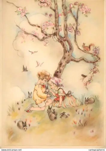 A6096 Vintage postcard featuring an illustration of children with bunnies under a tree, likely by artist Erna Maison