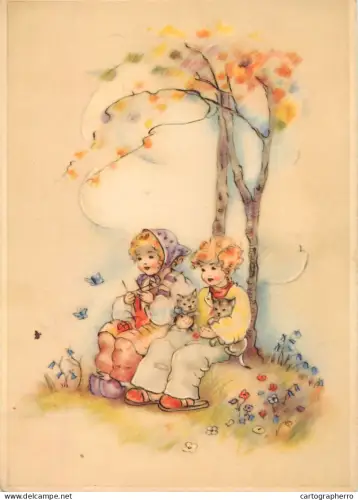 A6096 Vintage postcard featuring an illustration of children with kittens under a tree, likely by artist Erna Maison