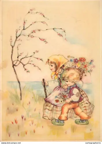 A6096 Stylized illustration a boy and a girl walking together with baskets of flowers in a spring-like setting