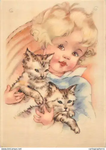 A6096 Stylized illustration young girl holding kitties