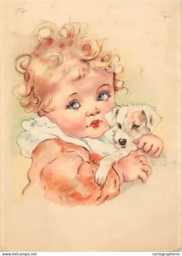 A6096 Stylized illustration young girl holding a puppy