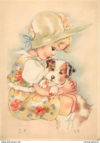 A6096 Stylized illustration young girl with a large hat holding a puppy