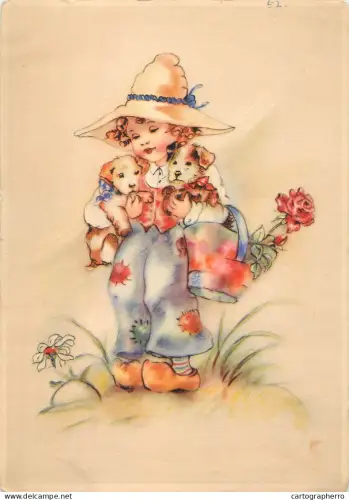 A6096 Stylized illustration of a child wearing a large hat and patch-covered clothing, carrying puppies in their arms