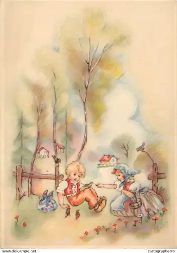 A6096 Nostalgic, idyllic countryside scene with children in traditional-style clothing interacting with birds