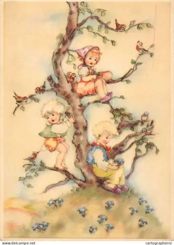 A6096 Whimsical depiction of children interacting with birds in a tree, around 1950