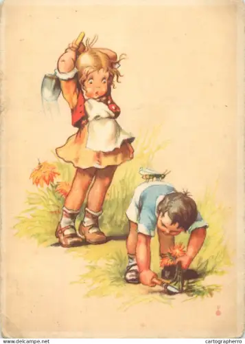 A6096 Boy and girl, wasp funny pest control, C. Pahl Publishing House, Hamburg, around 1950