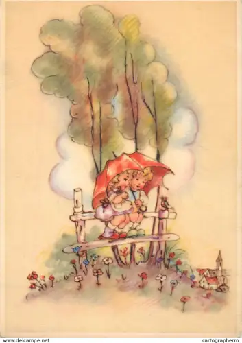 A6096 Two drawn children sitting together under a red umbrella on a wooden fence