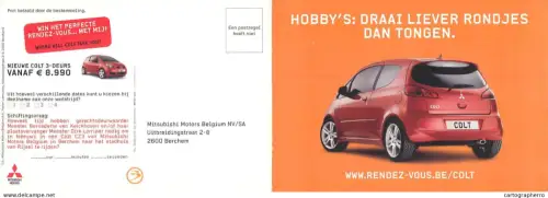 A6210 Postcard advertising contest from Mitsubishi Motors Belgium for the "Nieuwe Colt 3-deurs" (New Colt 3-door)