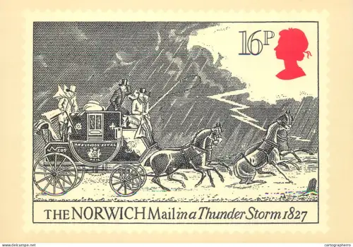 A6209 United Kingdom commemorative postcard postage stamp featuring the "The Norwich Mail in a Thunder Storm"