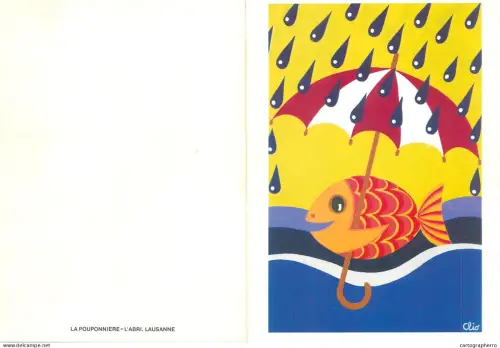 A6208 Fish holding an umbrella while in the water, La Pouponnière-L'Abri in Lausanne - artwork Clio (greetings card)