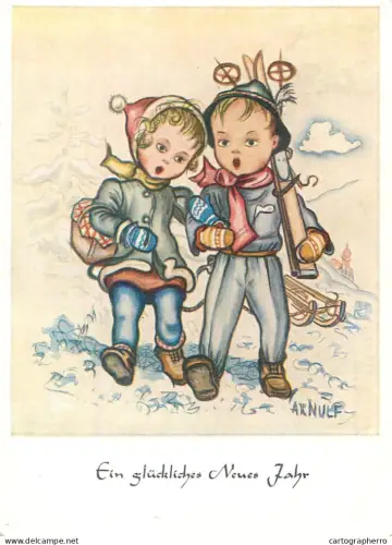 A6207 Nostalgische Postkarte von Arnulf Erich Stegmann zwei Kinder in einer Winterlandschaft mit Skiern