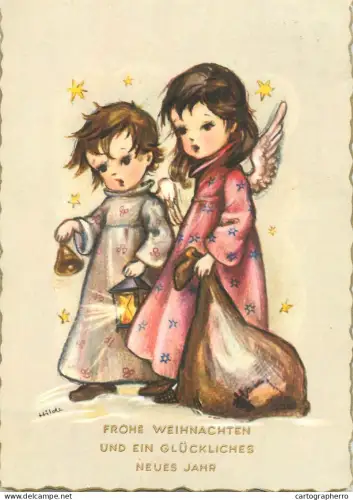 A6207 Vintage postcard depicts two angels in a snowy scene, with one carrying a lantern and a bell, signed Hilde