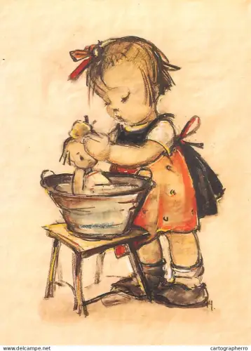 A6207 Sister Maria Innocentia Hummel postcard illustration titled "Washing Day" or "Puppenbad"