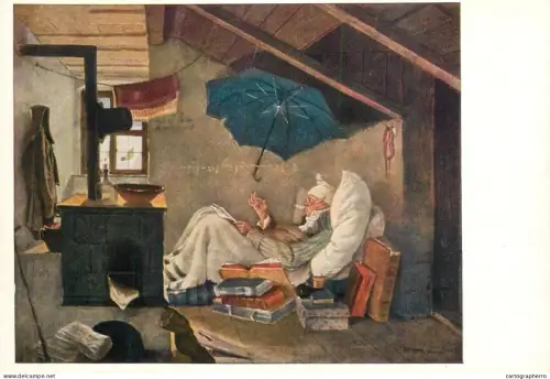 A6207 The Poor Poet (Der arme Poet), a famous painting by German Romantic artist Carl Spitzweg postcard