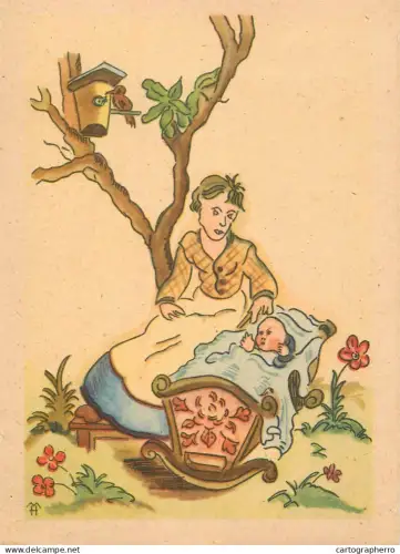 A6207 Vintage illustration depicting stylized scene of a woman looking after a baby in a cradle under a tree