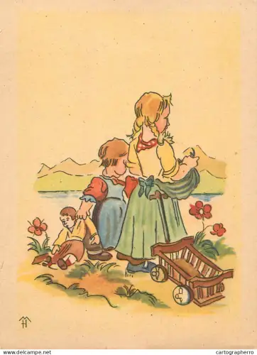 A6207 Vintage illustration depicting children playing outdoors artist postcard