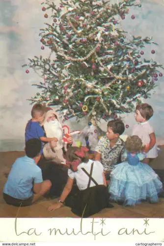 A5793 Winter Holidays greetings children with Santa Claus around decorated Christmas tree