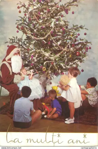 A5793 Winter Holidays greetings children with Santa Claus around decorated Christmas tree