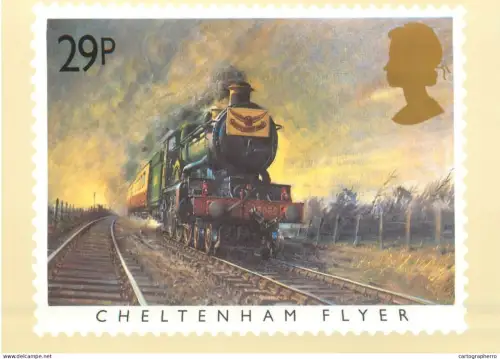 A5422 British stamp designed postcard Terence Cuneo Cetltenham Fyer famous train