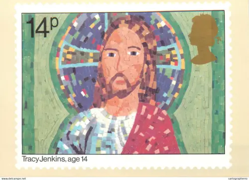 A5422 British stamp designed postcard Christmas Mosaic collage of Chist by Tracy Jeninks
