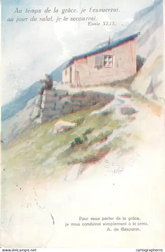 A6232 Scene in views of the Alps from the early 20th century shepherd's hut Biblical quotes vintage postcard