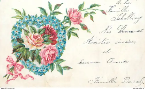 A6232 Heart made of blue forget-me-not flowers with pink and red roses in the center tied with a pink ribbon 1903