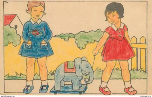 A6232 Children's drawings vintage coloring postcard with little girls and an elephant toy 1938