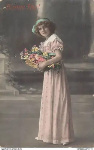 A6232 Birthday greetings France vintage postcard adorable young lady with flowers basket 1915