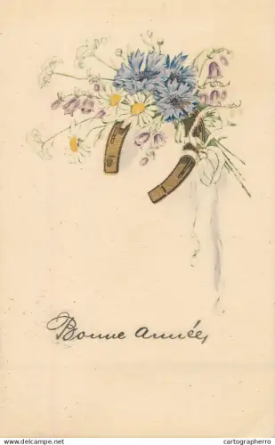 A6232 Vintage postcard art with wildflowers and a horseshoe, bearing the French message "Bonne année"
