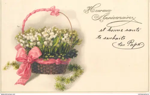 A6232 Birthday greetings postcard France vintage illustration of a basket of lilies of the valley, muguets