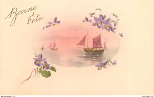 A6232 Birthday greetings postcard France marine scene with a sailing ship and a bouquet of violets