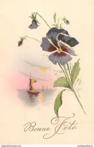 A6232 Birthday greetings postcard France watercolor illustration of a viola, maritime scene with a sailboat