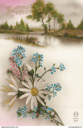 A6232 Birthday greetings postcard France daisies, surrounded by small blue forget-me-nots