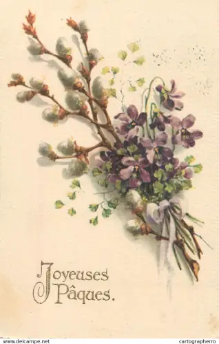 A6232 Easter greetings illustrated bouquet consisting of willow flowers (catkins) and purple violets, tied with a ribbon