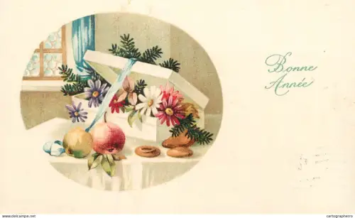 A6232 Winter scene with flowers, fruit and a white box Bonne Annee 1925