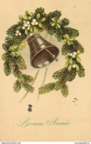 A6232 Christmas bell surrounded by a garland of fir branches and mistletoe Bonne Annee 1925