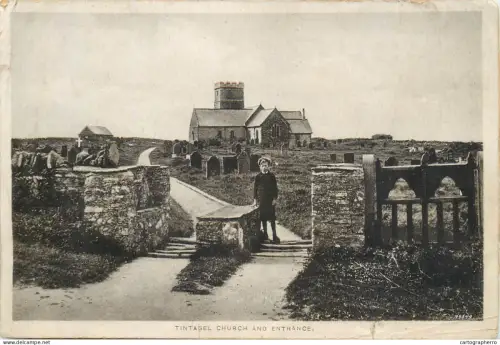 A5835 England Tintagel Church and entrance young boy image