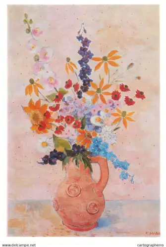 A5472 Fine art painting postcard Fritz Duda summer flowers with mallows