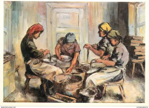 A5472 Fine art painting postcard Gerhard Dittmar Eel cleaners in a fish smoking area on Rugen