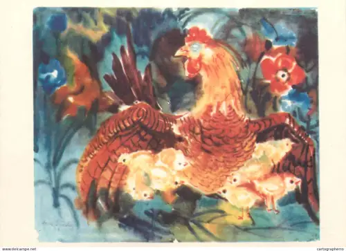 A5472 Fine art painting postcard Hans Grundig Hen with chickens