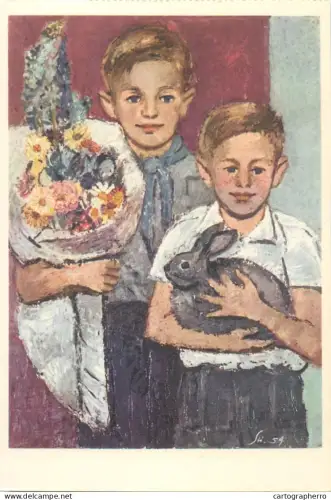A5472 Fine art painting postcard Hildegard Stilijanow Working-class children congratulate