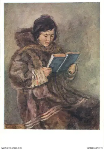 A5472 Fine art painting postcard Konstantin Dorohov Nenet girl with a book