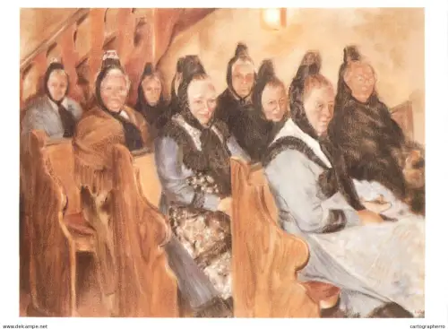 A5471 Fine art painting postcard Leny Shellenberg-de Kreij church service in Treisbach