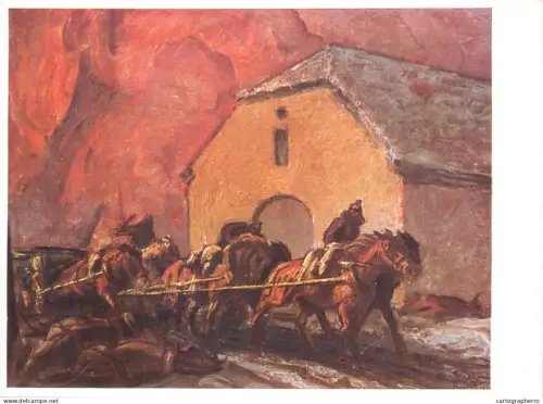 A5471 Fine art painting postcard Ludwig Dettmann Artillery passing through a burning village